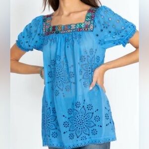 Johnny Was HAPPY SIA BLOUSE Square Embroidered Neckline Boho Tunic Top~MED~